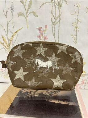 Brown Star & Horse Print Leather Cosmetic Pouch
